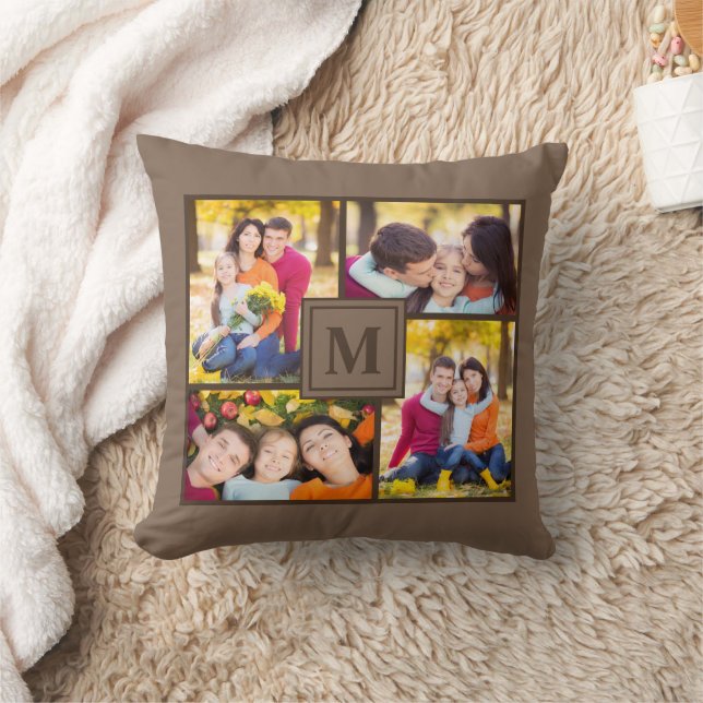Modern Brown 4 Family Photo Collage Monogram Kussen (Deken)