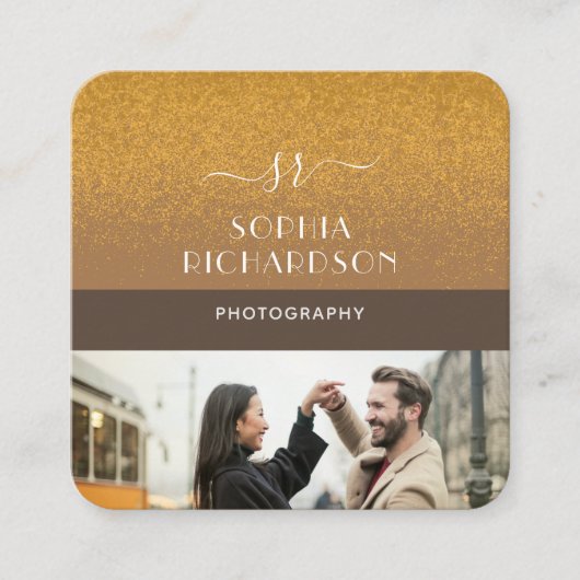 Modern Brown 4 Foto's Gold Glitter Monogram Vierkante Visitekaartje (Voorkant)