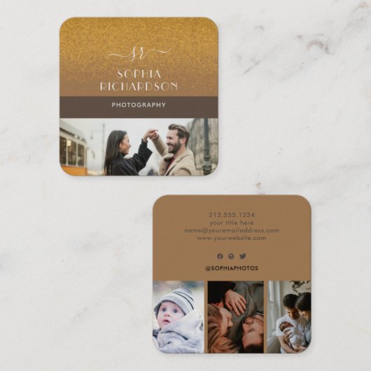 Modern Brown 4 Foto's Gold Glitter Monogram Vierkante Visitekaartje (Voorkant / Achterkant)