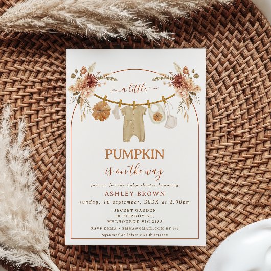 Modern Brown Arch Floral Clothesline Baby shower Kaart