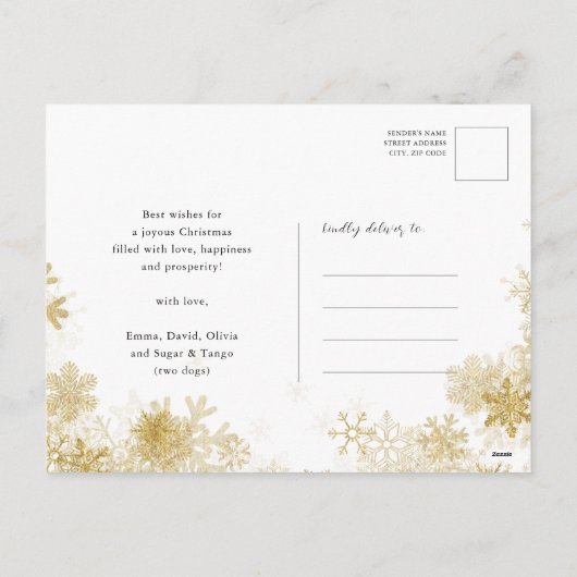 Modern Brown beige Elegant Script Gold Snowflakes Feestdagenkaart (Achterkant)