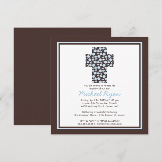 Modern Brown Blue Cross Boys Baptisme Invitation Kaart (Voorkant / Achterkant)