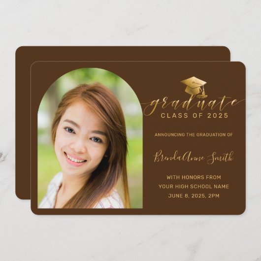 Modern Brown Gold Pet Script Arch Photo Afstuderen Aankondiging (Voorkant / Achterkant)
