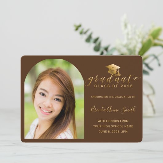 Modern Brown Gold Pet Script Arch Photo Afstuderen Aankondiging (Staand voorkant)