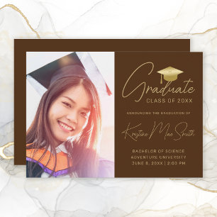 Modern Brown Gold Script Photo College Graduing Aankondiging