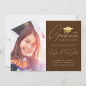 Modern Brown Gold Script Photo College Graduing Aankondiging (Voorkant)