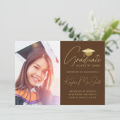 Modern Brown Gold Script Photo College Graduing Aankondiging (Staand voorkant)