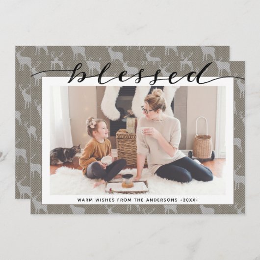 Modern Brown Grey Chic Script BLESSED minimalist Feestdagenkaart (Voorkant / Achterkant)