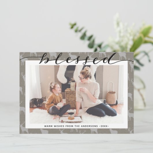 Modern Brown Grey Chic Script BLESSED minimalist Feestdagenkaart (Staand voorkant)