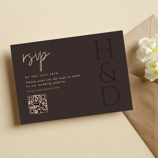 Modern Brown Monogram Minimalist Wedding RSVP Kaartje