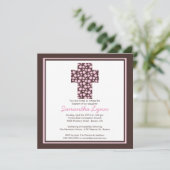 Modern Brown Pink Cross Girls Baptism Uitnodiging (Staand voorkant)
