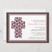 Modern Brown Pink Cross Girls Baptism Uitnodiging (Voorkant)