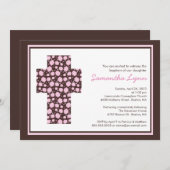 Modern Brown Pink Cross Girls Baptism Uitnodiging (Voorkant / Achterkant)