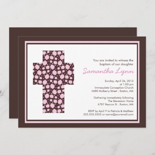 Modern Brown Pink Cross Girls Baptism Uitnodiging (Voorkant / Achterkant)