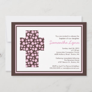 Modern Brown Pink Cross Girls Baptism Uitnodiging