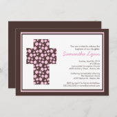 Modern Brown Pink Cross Girls Baptism Uitnodiging (Voorkant / Achterkant)