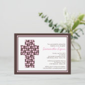 Modern Brown Pink Cross Girls Baptism Uitnodiging (Staand voorkant)