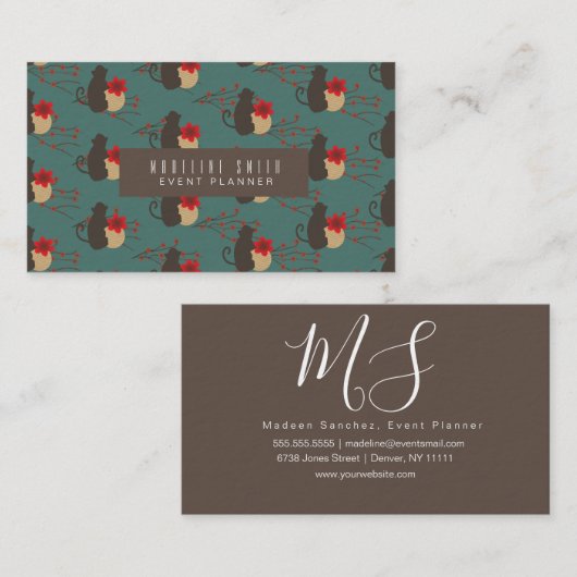 Modern Brown Red Sakura Cherry Blossom Monkey Visitekaartje (Voorkant / Achterkant)