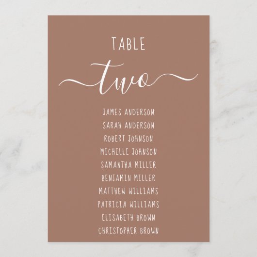 Modern Brown with White Script Seating Chart Card (Voorkant)