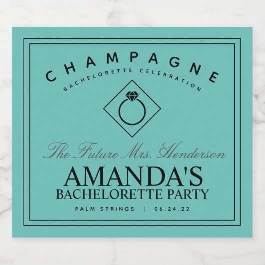 Modern Bruidsfeest Teal Mousserende Wijnlabel Sparkling Wijnetiket (Enkel label)