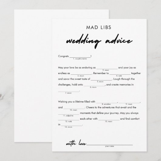 Modern bruiloft advies bruids libs spel kaart (Voorkant / Achterkant)