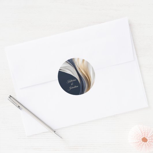 Modern Bruiloft-Blauw Wit en Goud Ronde Sticker (Envelop)