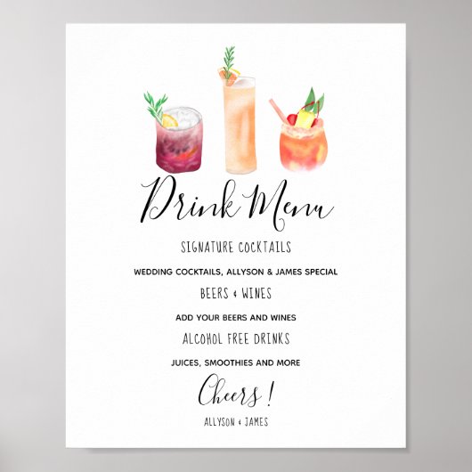Modern bruiloft drink menu cocktails illustratie poster (Voorkant)