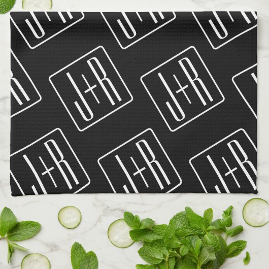 Modern bruiloft Initialen patroon | Zwart & Wit Theedoek (Gevouwen)