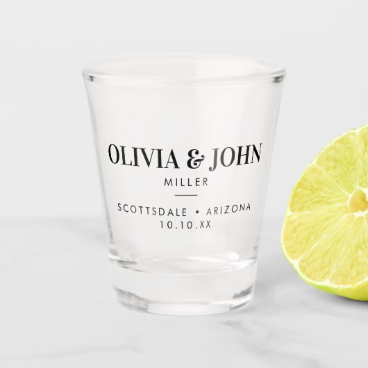 Modern bruiloft monogram met naam repetitie diner shot glas (Voorkant)