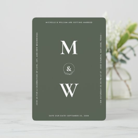 Modern Bruiloft Monogram Mos Groen Eenvoudig Save The Date (Staand voorkant)
