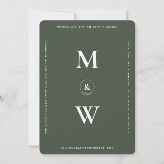 Modern Bruiloft Monogram Mos Groen Eenvoudig Save The Date (Voorkant)