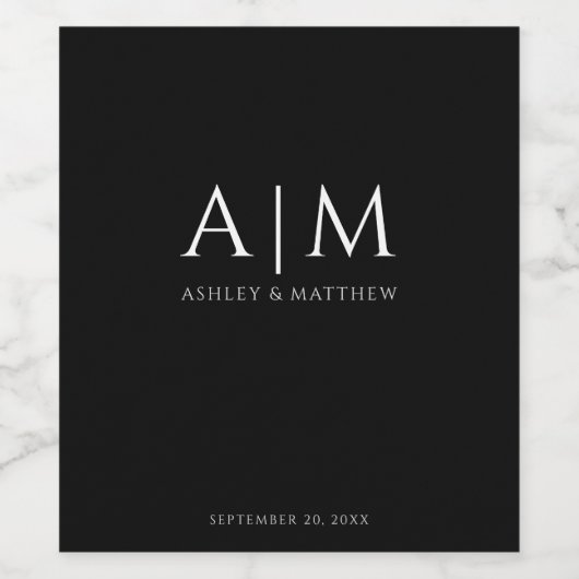 Modern bruiloft monogram zwart minimalistisch eleg wijn etiket (Enkel label)