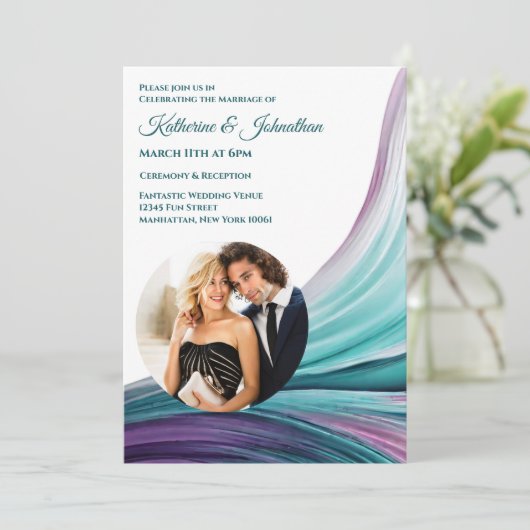 Modern Bruiloft-Paarse en Blauwgroen-Foto- Kaart (Staand voorkant)