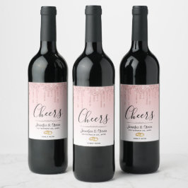 Modern Bruiloft Roze Glitter Drips Proost Wijn Etiket