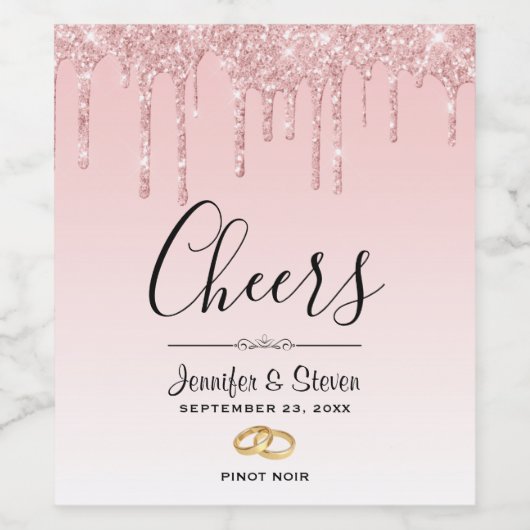 Modern Bruiloft Roze Glitter Drips Proost Wijn Etiket (Enkel label)
