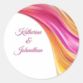 Modern bruiloft-roze Sinaasappel-geel Ronde Sticker