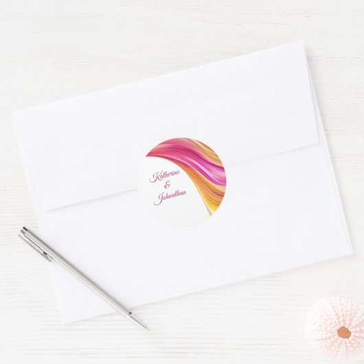 Modern bruiloft-roze Sinaasappel-geel Ronde Sticker (Envelop)