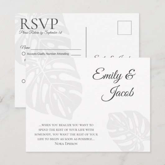 Modern bruiloft RSVP Briefkaart. Palm Leaf Beach Briefkaart (Voorkant / Achterkant)