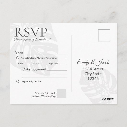 Modern bruiloft RSVP Briefkaart. Palm Leaf Beach Briefkaart (Achterkant)
