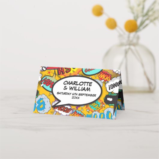 Modern bruiloft typografisch kleurrijke stripboek plaatskaartje (Achterkant)