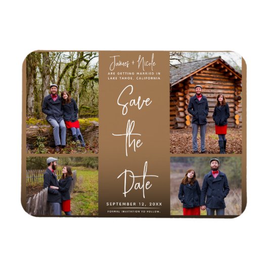 Modern Bruin 4 Foto's Bewaar de datum Bruiloft Magneet (Horizontaal)