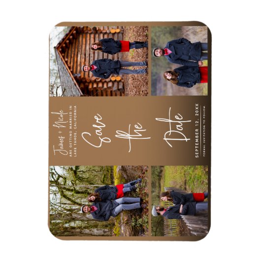 Modern Bruin 4 Foto's Bewaar de datum Bruiloft Magneet (Verticaal)