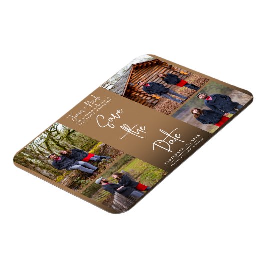 Modern Bruin 4 Foto's Bewaar de datum Bruiloft Magneet (Linkerzijde)