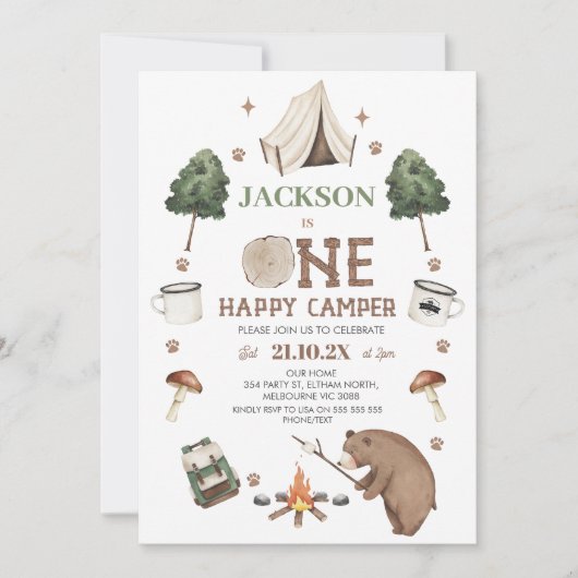 Modern bruin Beer Tent One Happy Camper Verjaardag Kaart (Voorkant)