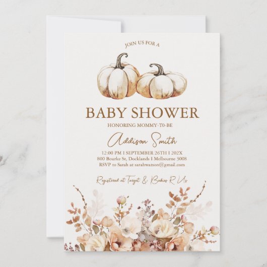 Modern Bruin Beige Bloemen Pompoen Baby shower Kaart (Voorkant)
