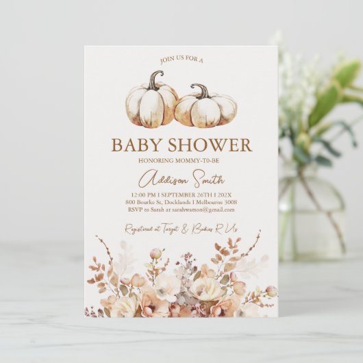 Modern Bruin Beige Bloemen Pompoen Baby shower Kaart (Staand voorkant)
