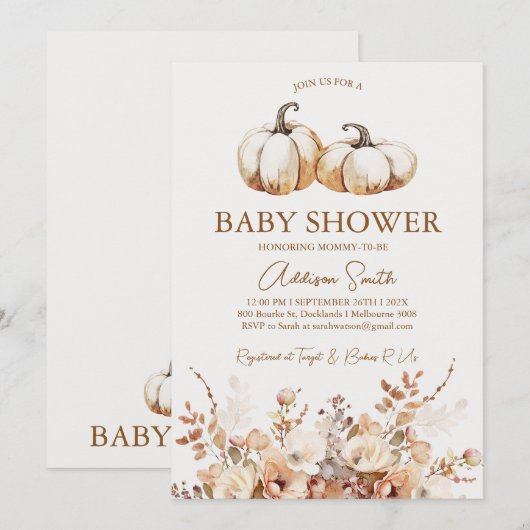 Modern Bruin Beige Bloemen Pompoen Baby shower Kaart (Voorkant / Achterkant)