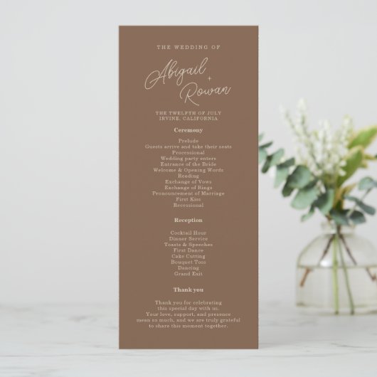 Modern Bruin Beige Minimalistisch Huwelijksprogram Kaart (Staand voorkant)