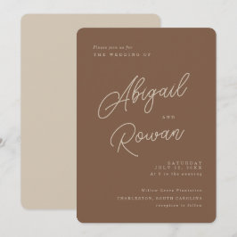 Modern bruin beige minimalistisch script trouwkaar kaart