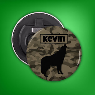 Modern Bruin Camo Zwart Wolf Silhouet Monogram Button Flesopener